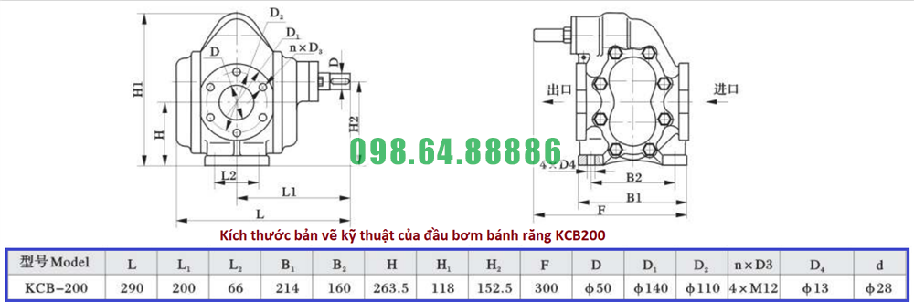 Bơm bánh răng KCB200 bằng thép áp suất 3.3 Bar công suất 4 kw